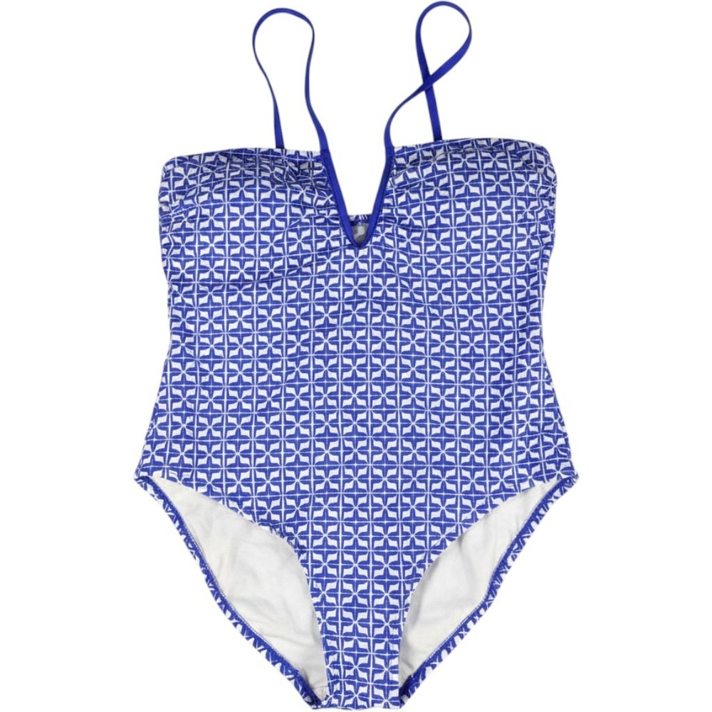 Shade & Shore One Piece Swimsuit Deep V-Neck Geometric Blue White Large 12-14